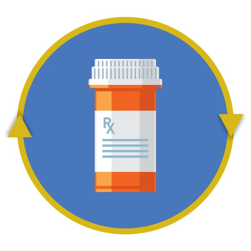 Medication bottle encircled by arrows indicating a cycle