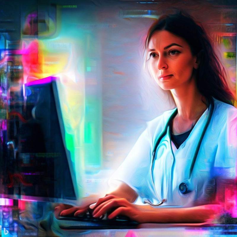 Digital illustration of a doctor typing at a computer