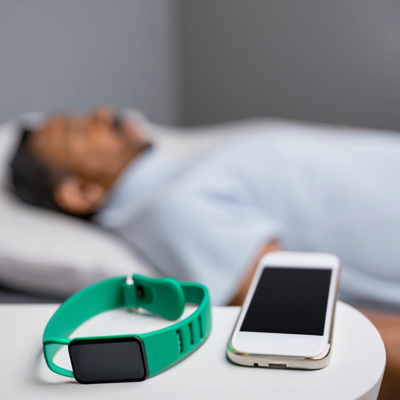 Smart watch and cell phone sit on a table in the foreground. A man lies in a bed in the background, out of focus.