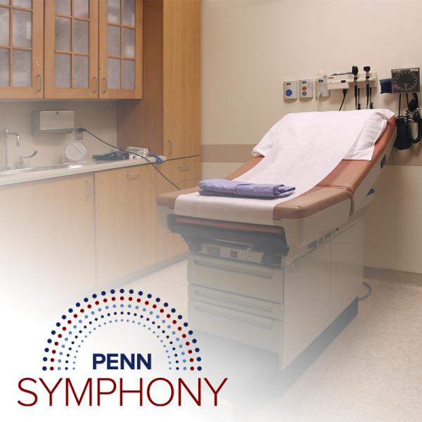 Patient exam room with Penn Symphony logo in lower right